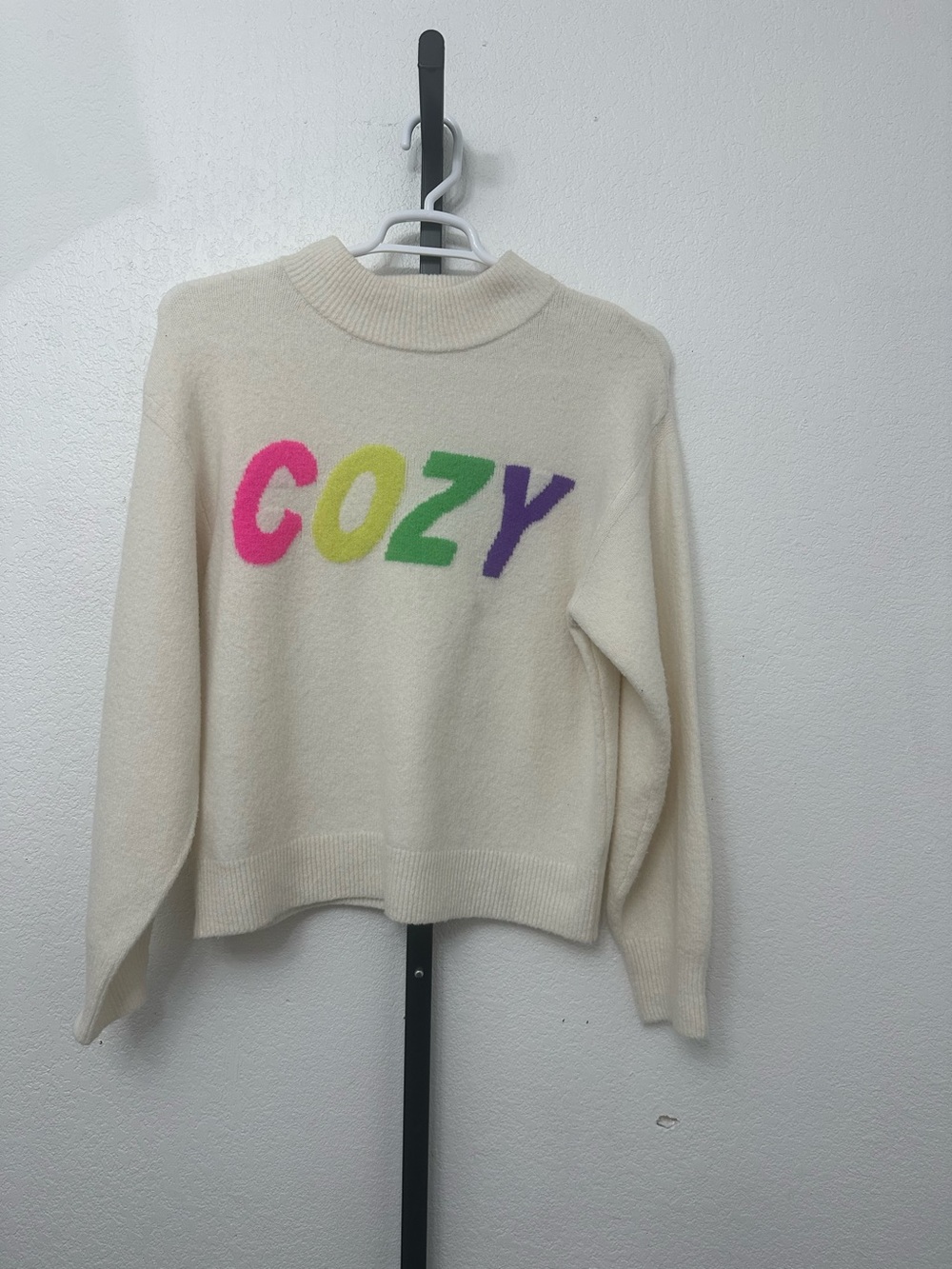 a new day Cream Cowl-Neck Sweater with Pink, Yellow, Green, Purple Lettering